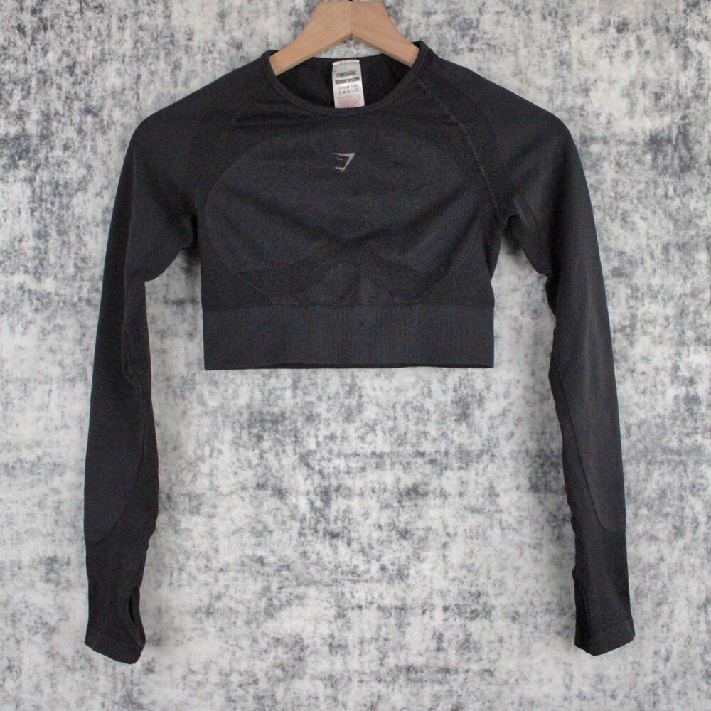 Gymshark Womens S Ultra Seamless Long Sleeve Crop Top Black Fitness Gym B1A3L